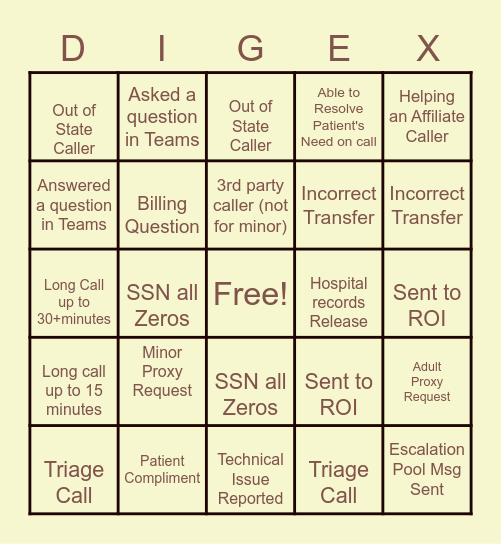 DigEx Bingo- inbound calls only Bingo Card