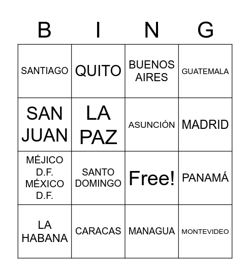 Países hispanohablantes y sus capitales Bingo Card