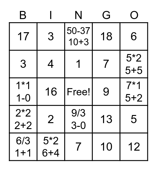 Math Bingo Card