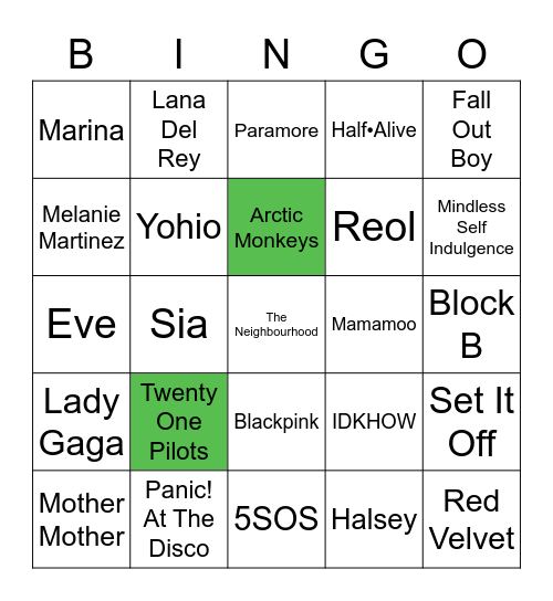 Favorite Music Artists Bingo Card