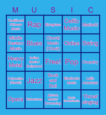 MUSIC GENRE BINGO Card