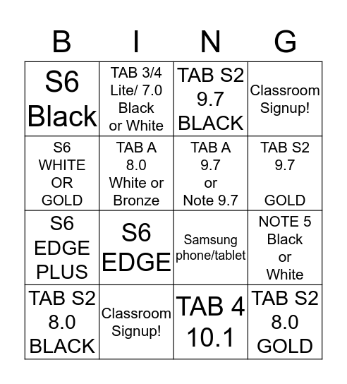 Samsung Bingo  Bingo Card