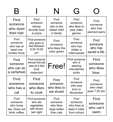 Getting to know you! Bingo Card