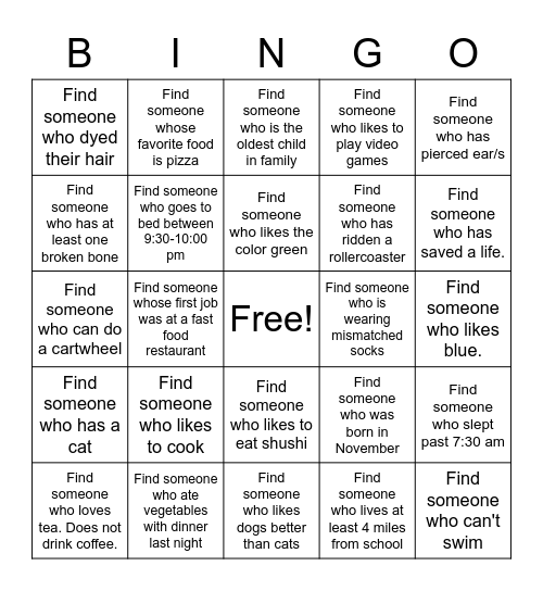 Getting to know you! Bingo Card