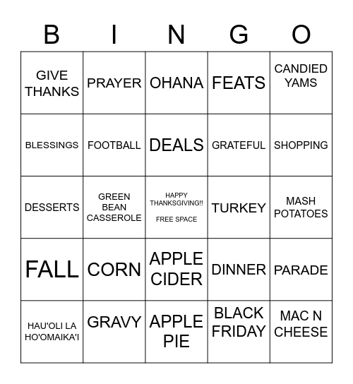 THANKSGIVING BINGO Card