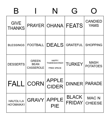 THANKSGIVING BINGO Card