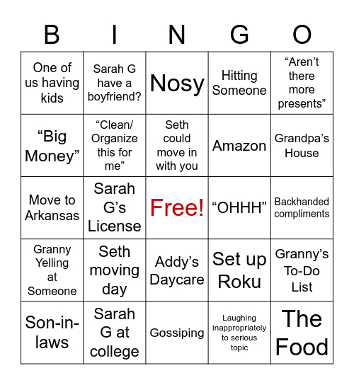 Granny’s Birthday Bingo Card