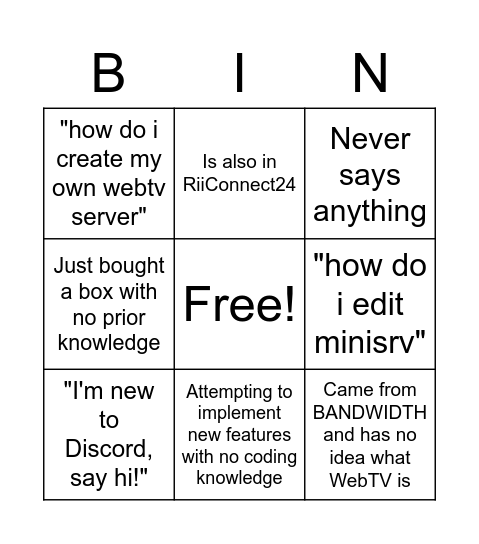 New User Bingo Card