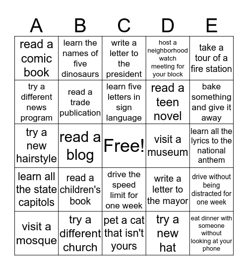 "Pick Five" Challenge #2 Bingo Card