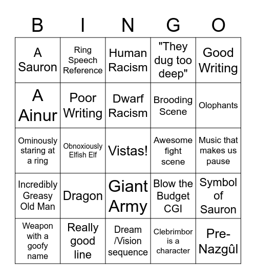 Season 1 LotR Bingo Card