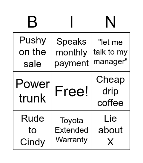 Car Buying Bingo Card