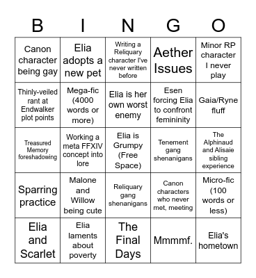 PenguinZero's FFXIVWrite 2022 Bingo Card