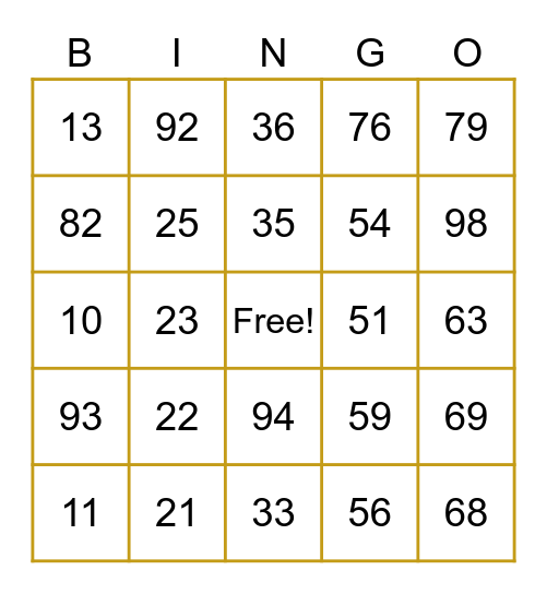Number Bingo 1-100 Bingo Card