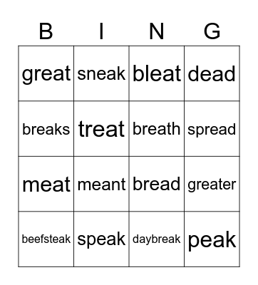 Week 7 'ea' words Bingo Card