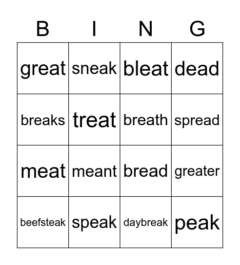 Week 7 'ea' words Bingo Card