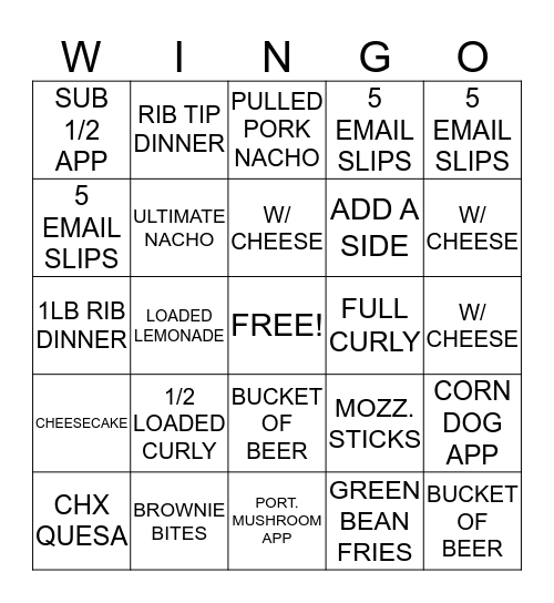 WINGS ETC.  Bingo Card