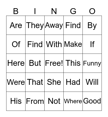 Site Word Bingo Card