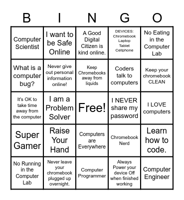 Welcome to the Computer Lab (6-8) Bingo Card