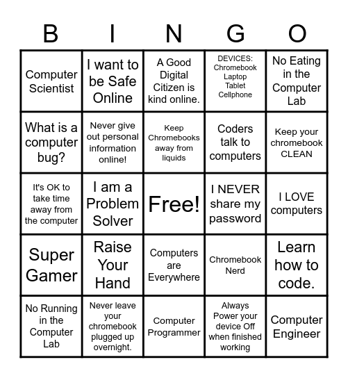 Welcome to the Computer Lab (6-8) Bingo Card