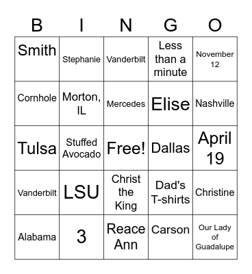 Ashley's Wedding Shower Bingo Card