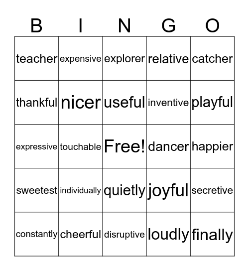 SUFFIXES Bingo Card