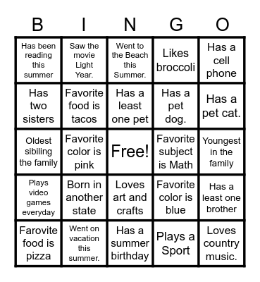 All About Me Bingo Card