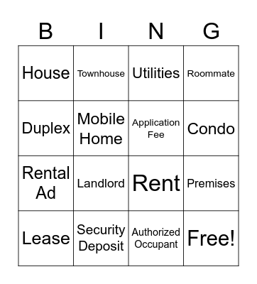 Housing Bingo Card