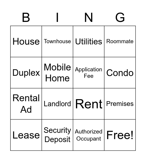 Housing Bingo Card