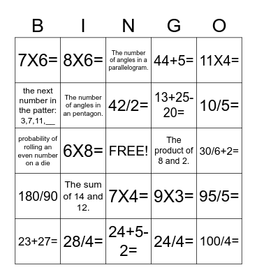 G5 and 6 Math Bingo Card
