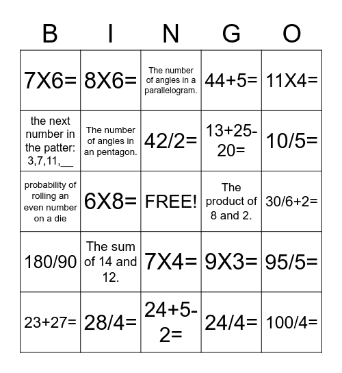G5 and 6 Math Bingo Card