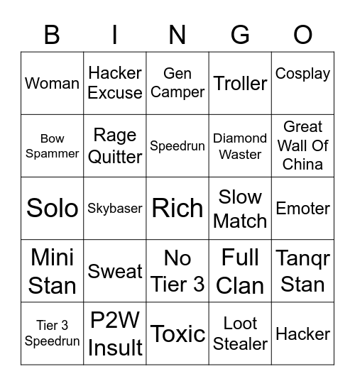 Bedwars Bingo Card