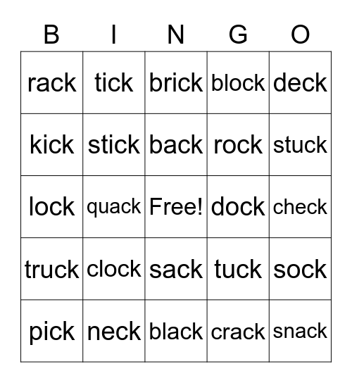 -ck Words Bingo Card