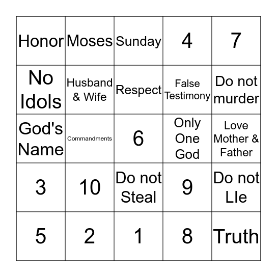 The Ten Commandments Bingo Card