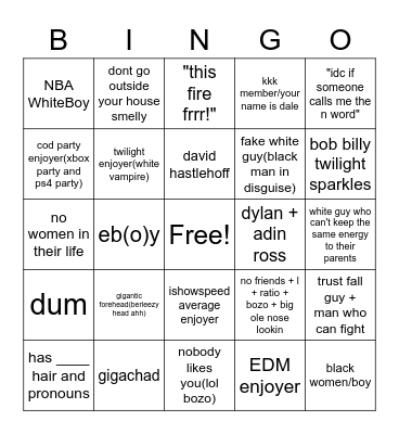New White Guy Bingo Board Bingo Card
