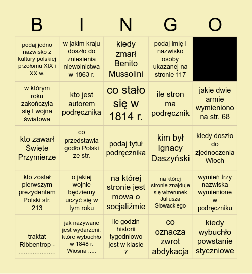 lekcje historii Bingo Card