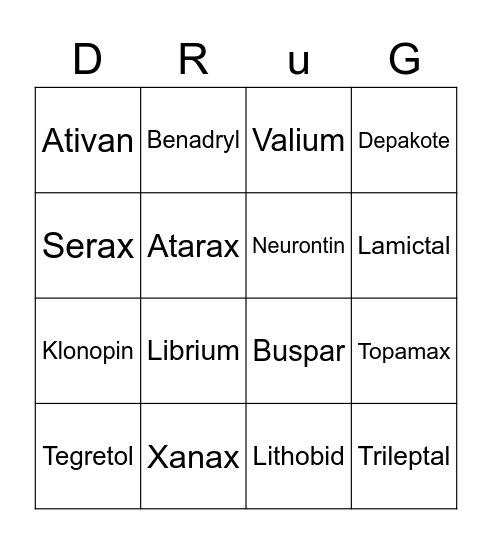 Antianxiety and Mood Stabilizers Bingo Card