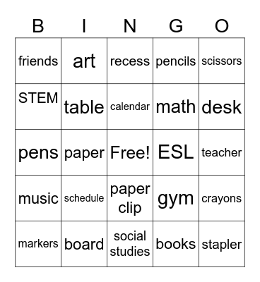 School Words Bingo Card