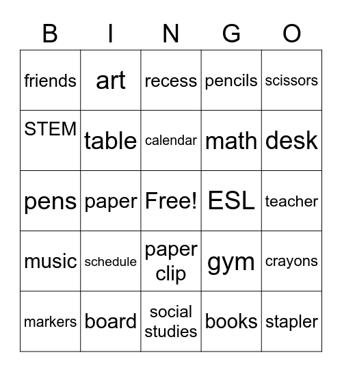 School Words Bingo Card