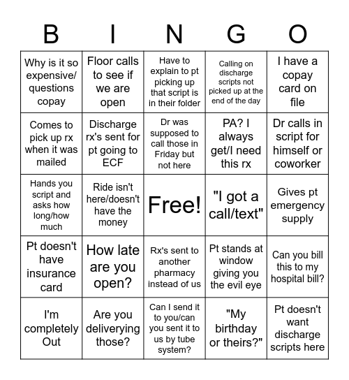 Saturday Pharmacy Bingo Card