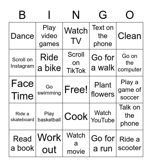 Inside and Outside Activities Bingo Card