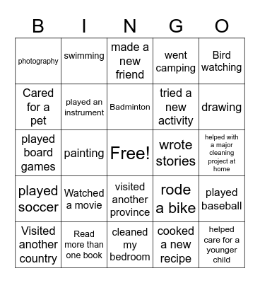 Summer Activities Bingo Card
