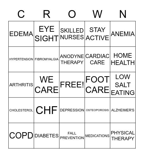 CROWN HEALTH SERVICES (903) 589-3050 Bingo Card