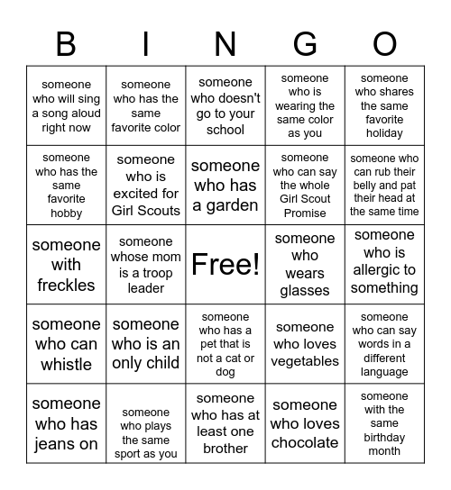 Girl Scout Bingo Card