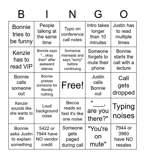 Conference Call Bingo Card