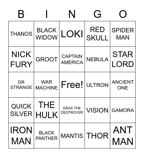 AVENGERS Bingo Card