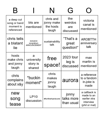 xtra chris & jonny interview bingo Card