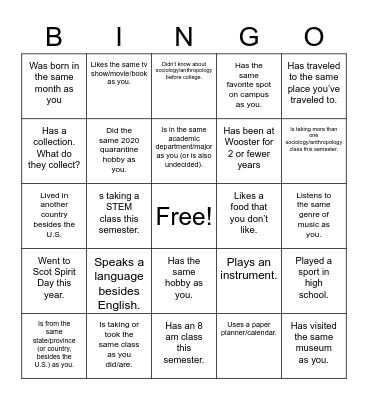 Sociology/Anthropology Club Welcome Picnic Bingo Card