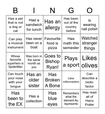 Get to Know You Class Bingo Card