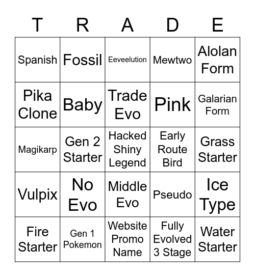 Surprise Trade Bingo Card