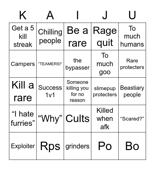 Kaiju paradise Bingo Card
